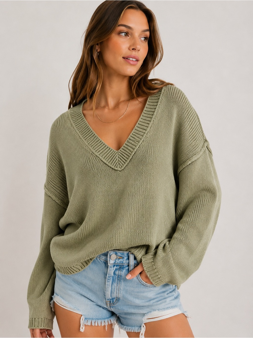 American Eagle Oversized Chunky Knit V-Neck Sweater Green Large